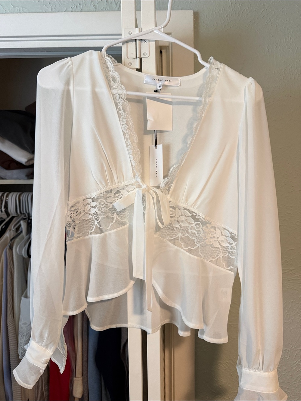 Romantic White Lace-Trim Tie-Front Blouse
